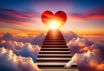 Stairway to Heaven.Stairs in sky. Concept with sun and clouds.