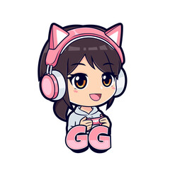 Chibi gamer girl cartoon character mascot logo vector