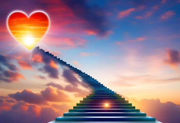 Stairway to Heaven.Stairs in sky. Concept with sun and clouds.