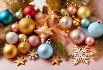 New Year Wishes! Top-view photo of chic tree decorations, golden