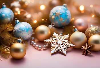 New Year Wishes! Top-view photo of chic tree decorations, golden