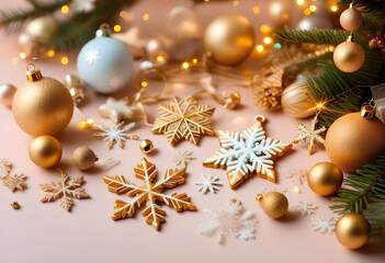 New Year Wishes! Top-view photo of chic tree decorations, golden