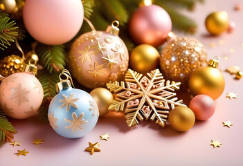 New Year Wishes! Top-view photo of chic tree decorations, golden