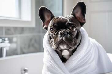 A French black bulldog wrapped in a terry towel in the bathroom after bathing. Spa, dog hair salon,...