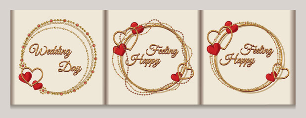 Circular frames with jewelry golden chains, red hearts, copy space, text. Holiday illustration for wedding, engagement event, Valentines Day, gift decoration.