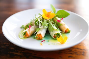 plate of spring rolls with mint and cilantro garnish