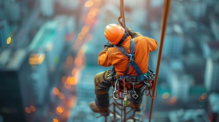 construction engineer worker at heights,architecture sci-fi construction working platform on top of building, suspended cables, fall protection and scaffolding installation.