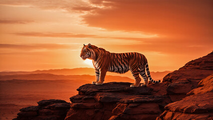 Tiger standing on a cliff on planet mars as the sun sets