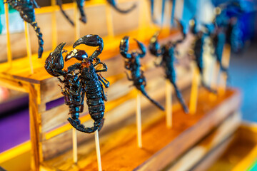 Fried scorpion on a skewer in floating open air market on the pond in Pattaya, Thailand