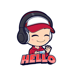 Anime gamer boy character waving hand esport mascot logo vector