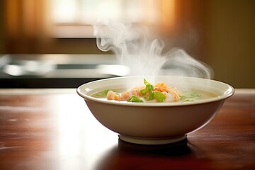 steaming bowl of wonton soup, steam visible