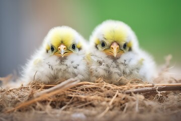 young budgerigars with fluffy feathers in a nest - obrazy, fototapety, plakaty