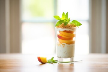parfait with peach slices, mint, clear glass, natural light