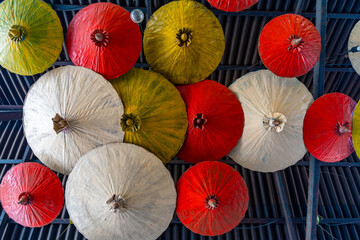 Japanese Style Colorful Umbrellas in floating open air market on the pond in Pattaya, Thailand