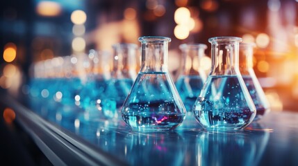 A row of glass flasks filled with blue liquid. Imaginary laboratory glassware in blue and orange lights.