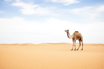 lone camel standing in vast, empty sand desert
