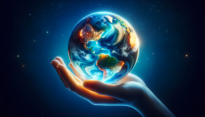 main tenant un Globe Terrestre flottant dans l'espace  idéal pour articles sur le changement climatique, émissions de gaz a effet de serre, la terre, l’environnement, l'écologie, l'espace, l'univers - obrazy, fototapety, plakaty