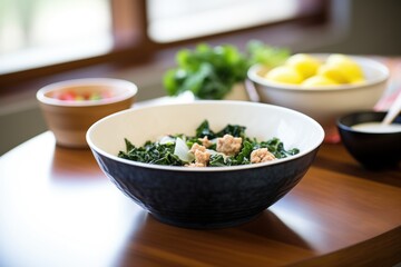 zuppa toscana in black bowl, modern table setting