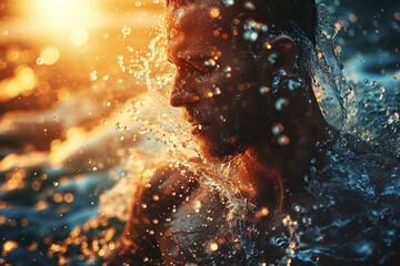 Athletic male figure surrounded by splashes of water with sunlight, close up portrait, concept of strength, freedom, energy