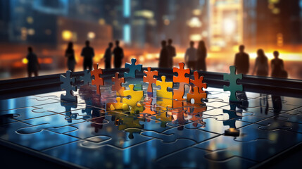 Business scene: five puzzle pieces. Each puzzle piece represents a key solution for business growth: communication, innovation, efficiency, teamwork, and data analysis. business strategy concept