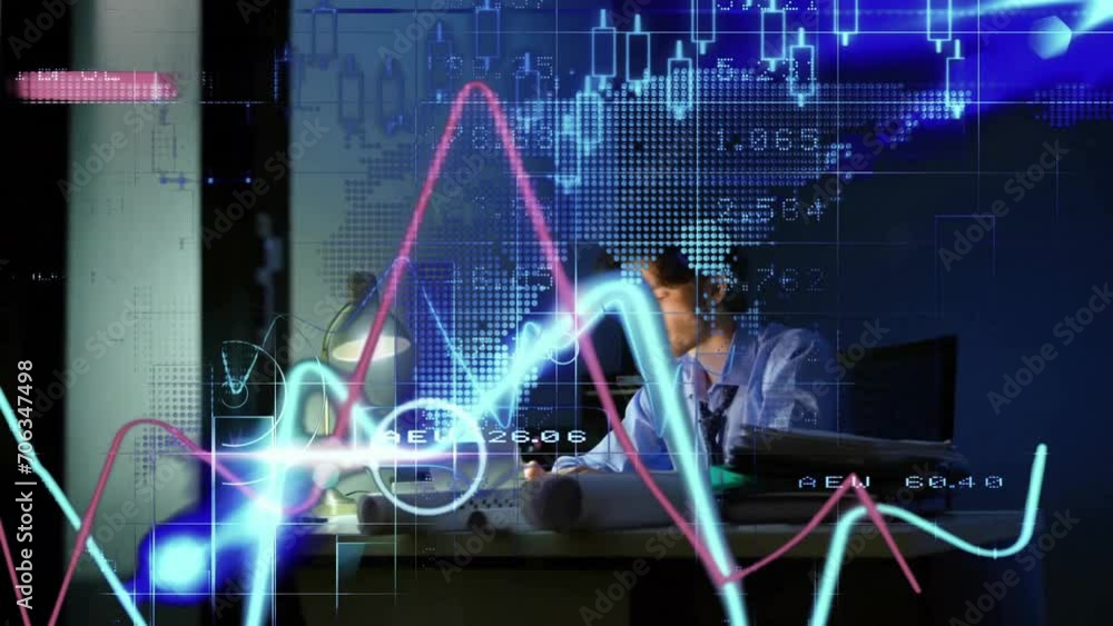 Poster animation of data processing over caucasian businessman using laptop in office