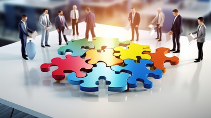 Business scene: five puzzle pieces. Each puzzle piece represents a key solution for business growth: communication, innovation, efficiency, teamwork, and data analysis. business strategy concept