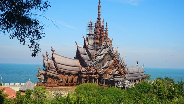 Sanctuary of Truth wooden temple in Pattaya Thailand is a gigantic wood construction located at the cape of Naklua Pattaya City. Sanctuary of Truth temple. 