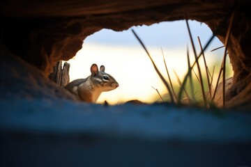 chipmunk silhouette in burrow entrance at twilight