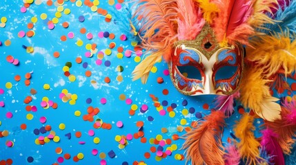 Carnival Confetti Euphoria.
Feathered carnival mask on a confetti-covered blue surface.