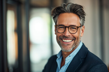 Fototapeta premium A Head shot Portrait of a Smiling 45-Year-Old Banker, a Happy Middle-Aged Business Man and Bank Manager. This Mid-Adult Professional, CEO, and Executive in His Office Exudes the Confidence