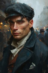 Illustrate a compelling 1900s mafia character study in oil paint, embracing the classic cinematic aesthetics of the crime-ridden era  - obrazy, fototapety, plakaty