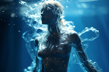 Athletic female figure surrounded by splashes of water, concept of variability, freedom, water elemental. on blue, underwater