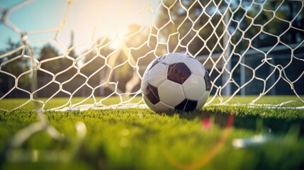 Soccer Ball in Net Signifying Goal on Sunny Day.