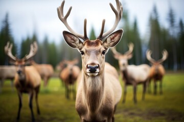 Naklejka premium elk herd alert and looking towards camera
