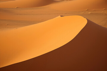 The arid sand dunes are golden orange like the Sahara desert in Africa