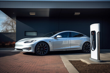 Charging Electric Car. Charge an Electric Car. Powered car charging station. Energy Powered Battery Electric Vehicle charging station. EV charging station for electric cars. EV Auto on charge.