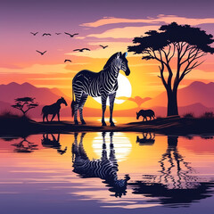 Fototapeta na wymiar zebra in sunset