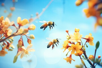 honeybees collecting nectar from flowers - obrazy, fototapety, plakaty