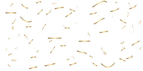 Luxury gold sparkle confetti glitter and zigzag ribbon falling down on transparent background.
