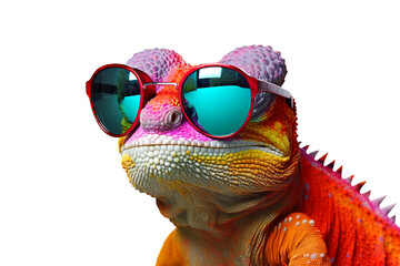 Colorful chameleon lizard with sunglasses isolated on transparent background, png file, fun exotic pet, creative colors concept - obrazy, fototapety, plakaty