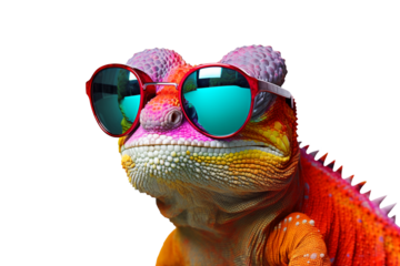 Colorful chameleon lizard with sunglasses isolated on transparent background, png file, fun exotic pet, creative colors concept