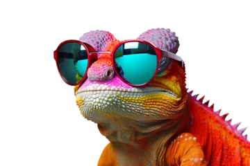 Foto op Canvas Colorful chameleon lizard with sunglasses isolated on transparent background, png file, fun exotic pet, creative colors concept © Delphotostock