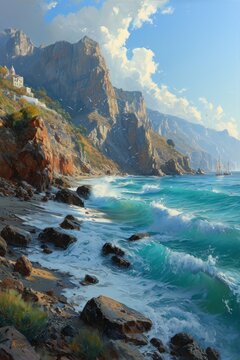 Paint a captivating vintage seascape, embracing the 2:3 format, with the gentle chaos of waves and a timeless horizon.