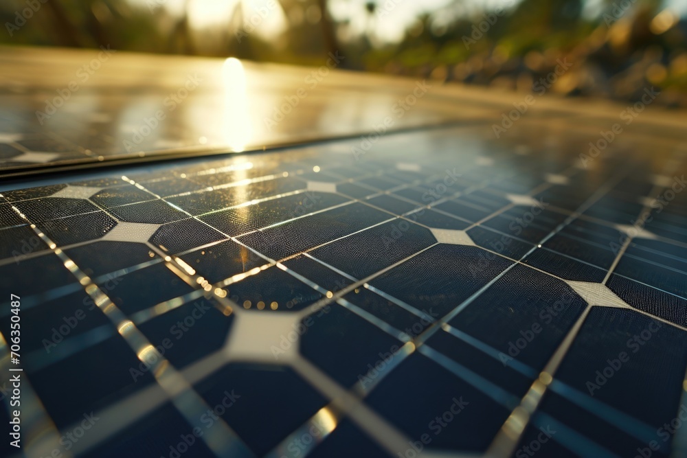 Poster A close-up view of a solar panel installed on a street. This image can be used to showcase renewable energy, sustainability, and urban infrastructure
