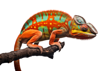 Side view of a colorful chameleon lizard on a branch isolated on transparent background, fun exotic pet, creative colors concept, png file