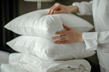 close-up of a hotel housekeeper meticulously arranging pillows and linens, dedication to cleanliness and comfort