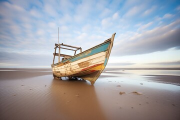 Fototapeta na wymiar abandoned wooden boat on a deserted beach