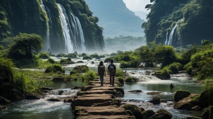 Northern Vietnam, the famous Ban Gioc Waterfall. Situated on the Vietnamese - Chinese boarder. A couple walks near the falls