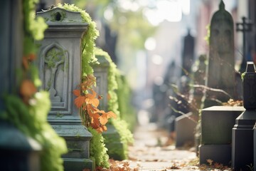 tombstone row with creeping ivy - obrazy, fototapety, plakaty