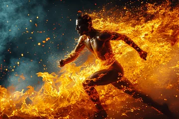 Fotobehang Athletic male figure running on fire, concept of strength, energy © zgurski1980